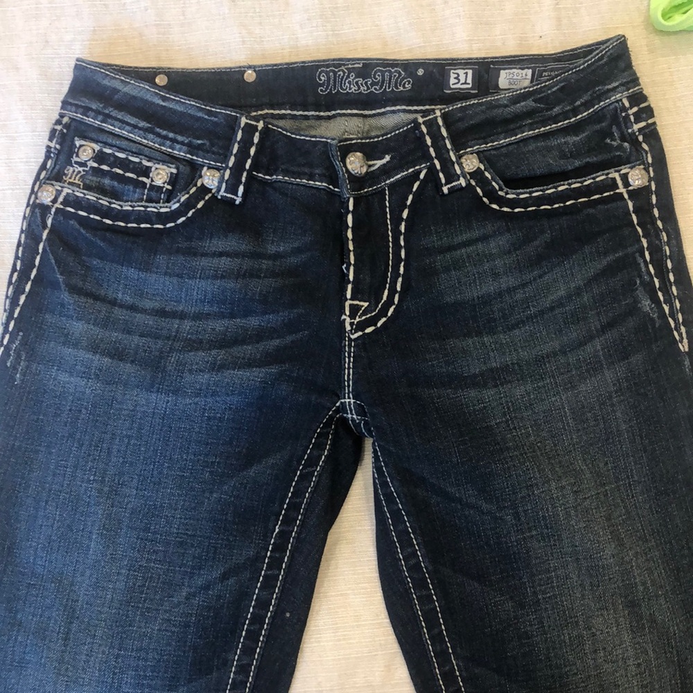Miss Me Women's Dark Blue Embroidered Stitch Jeans, Size 31 Slim Boot Cut